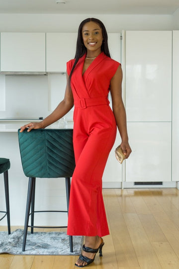 Red Belted Wrap Jumpsuit Double Second